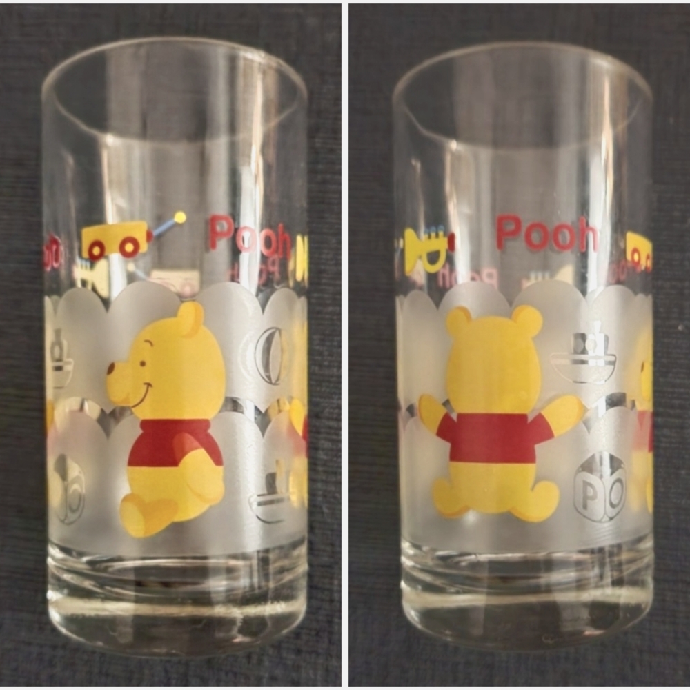 Baby Pooh juice glass frosted etched design holds 8 oz / 1 cup, 4" tall Winnie
